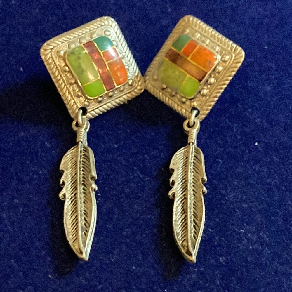 Silver tone and enamel drop feather earrings